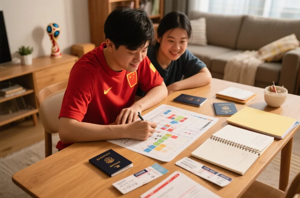 中国球迷规划2026世界杯美国行程,桌上摆着护照、机票、球票和赛程表